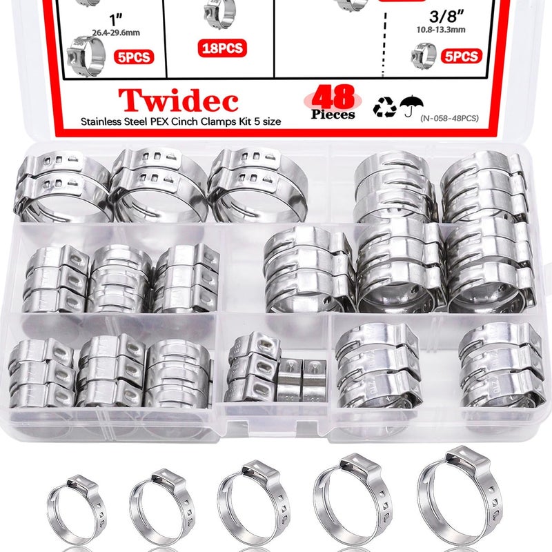 Twidec /48PCS 3/8",1/2",3/4",5/8",1" PEX Cinch Clamps Kit 5 size,Stainless Steel Pex Crimp Rings,Single Ear Hose Clamps For Pex Pipe Fitting Connections N-058-48PCS - Image 1